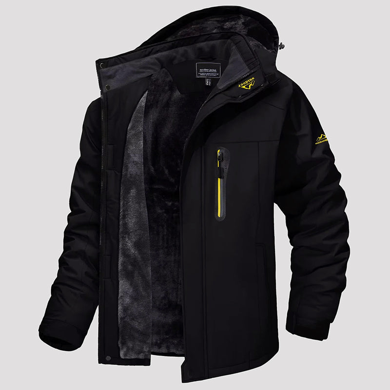 Men's waterproof camouflage winter jacket with fleece lining and detachable hood for rugged outdoor use