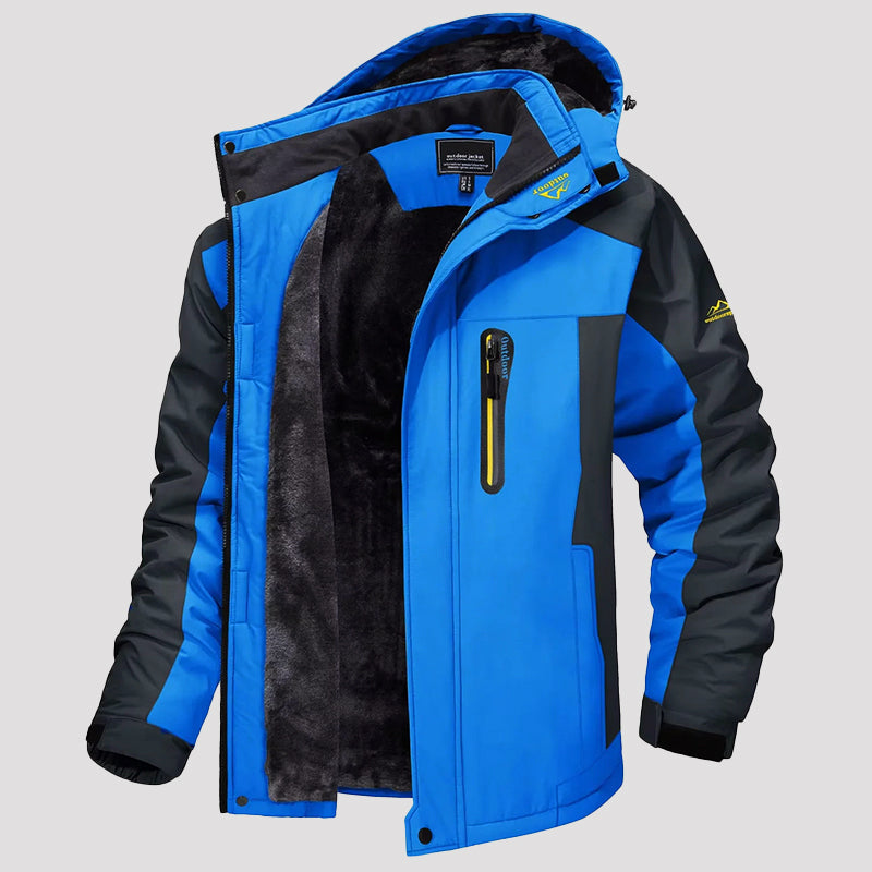 Men's waterproof camouflage winter jacket with fleece lining and detachable hood for rugged outdoor use