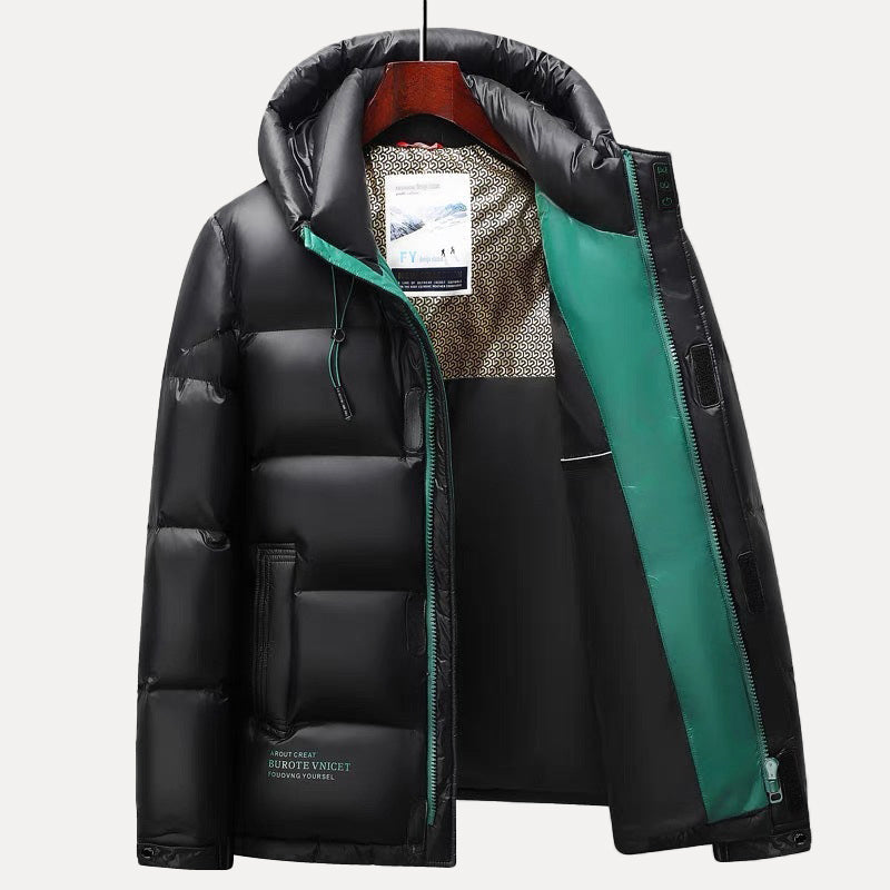 Men's black puffer jacket weather-resistant duck down insulation slim urban silhouette
