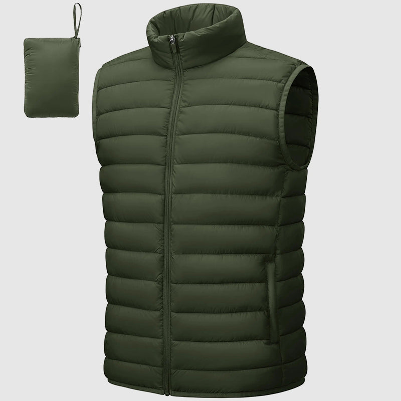 Men's waterproof packable puffer vest stand collar zip pockets lightweight insulated outdoor layer