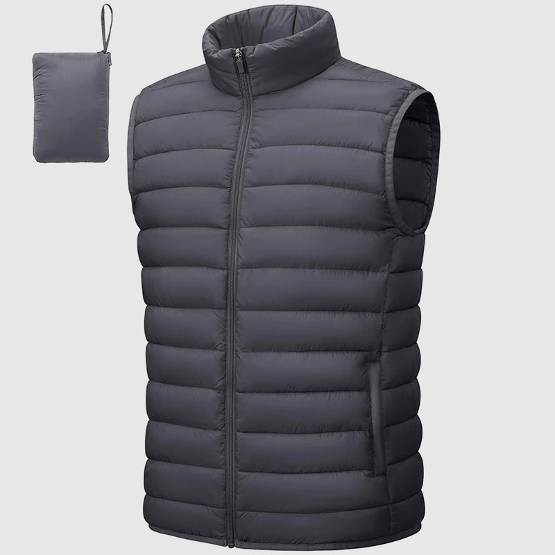 Men's navy quilted puffer vest with stand collar, regular fit, and side pockets for casual outerwear