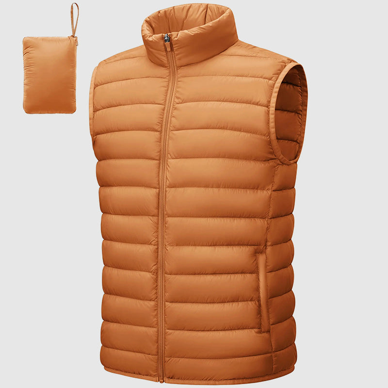 Men's waterproof packable puffer vest with stand collar and zip pockets for outdoor wear