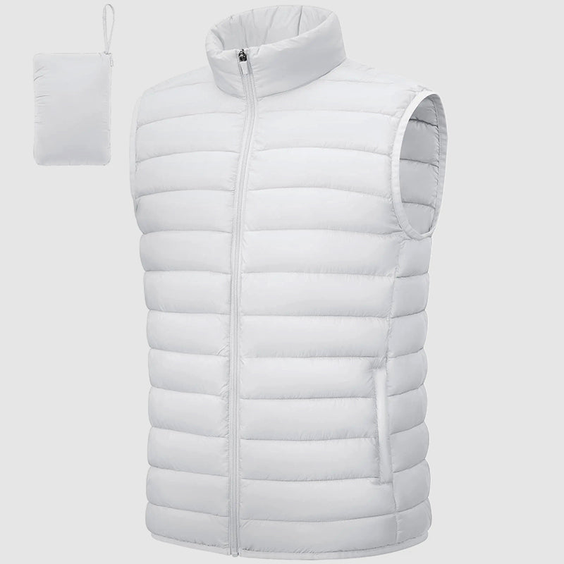 Men's waterproof packable puffer vest stand collar zip pockets insulated outdoor layer
