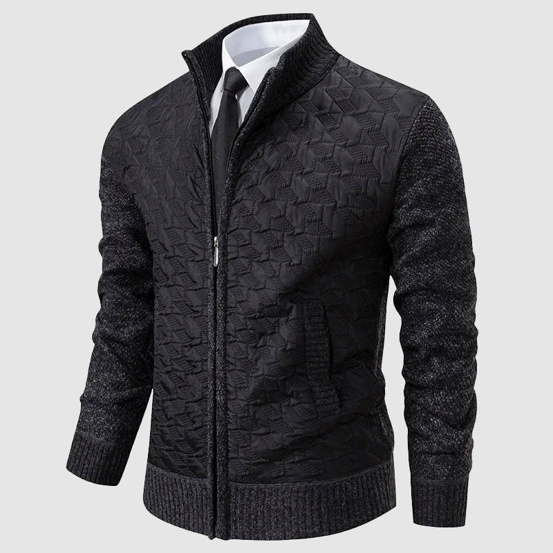 Men's black quilted knit jacket with stand collar, contrast knit sleeves, smart casual outerwear