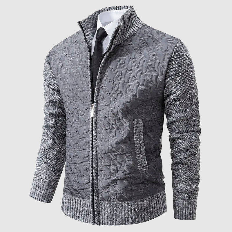 Men's black quilted knit jacket with stand collar, contrast knit sleeves, smart casual outerwear