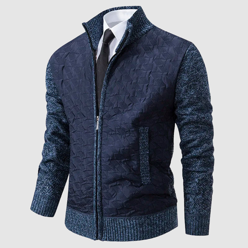Men's quilted knit jacket stand collar smart casual outerwear two-tone texture cooler weather