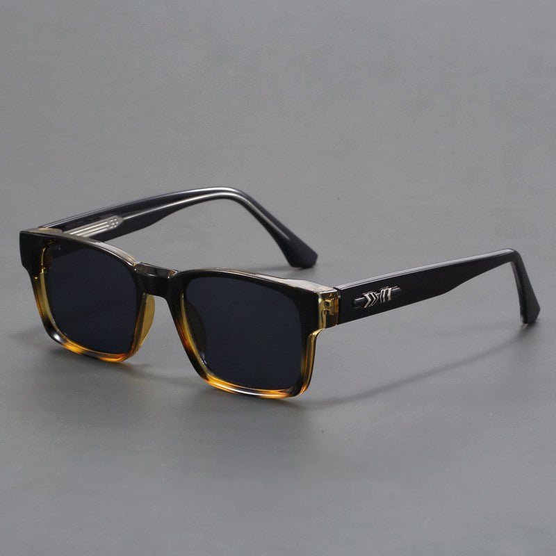 Men's black rectangular street style sunglasses with gray UV400 polycarbonate lenses and reinforced metal hinges