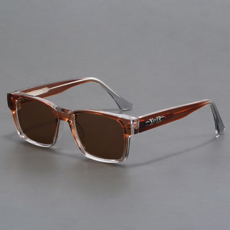 Men's black rectangular street style sunglasses with gray UV400 polycarbonate lenses and reinforced metal hinges
