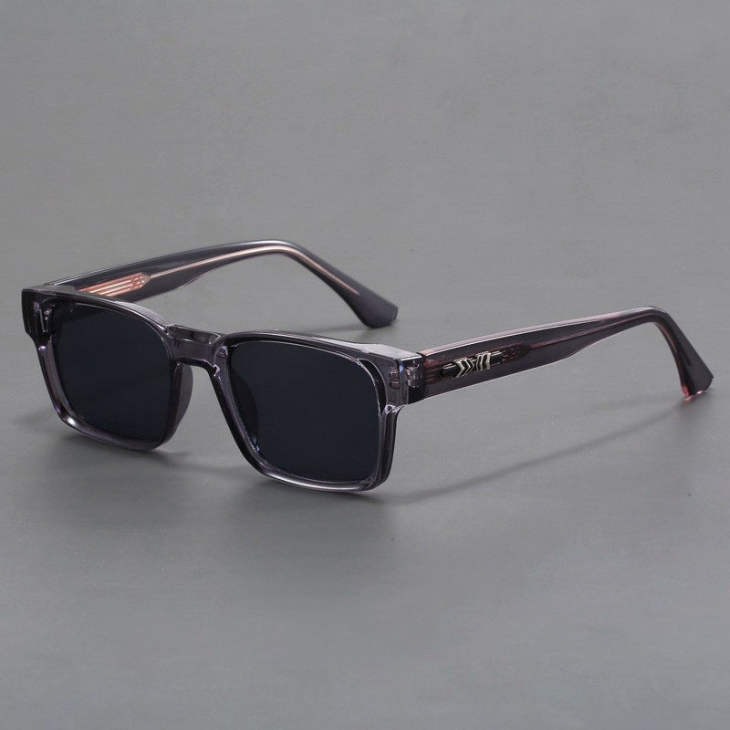 Men's black rectangular street style sunglasses with gray UV400 polycarbonate lenses and reinforced metal hinges