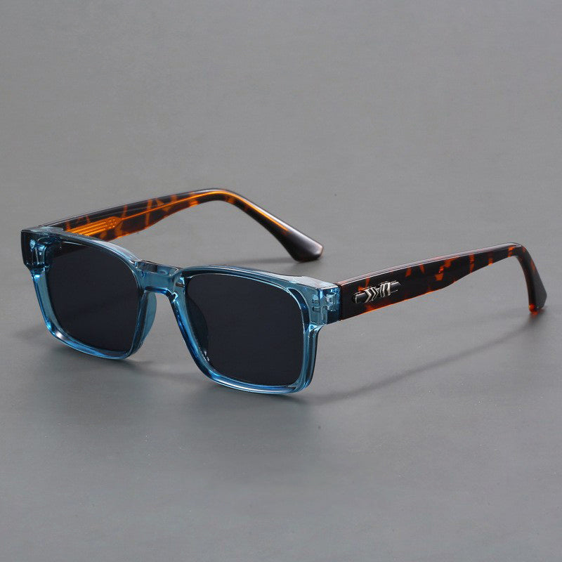 Men's black rectangular street style sunglasses with gray UV400 polycarbonate lenses and metal hinges