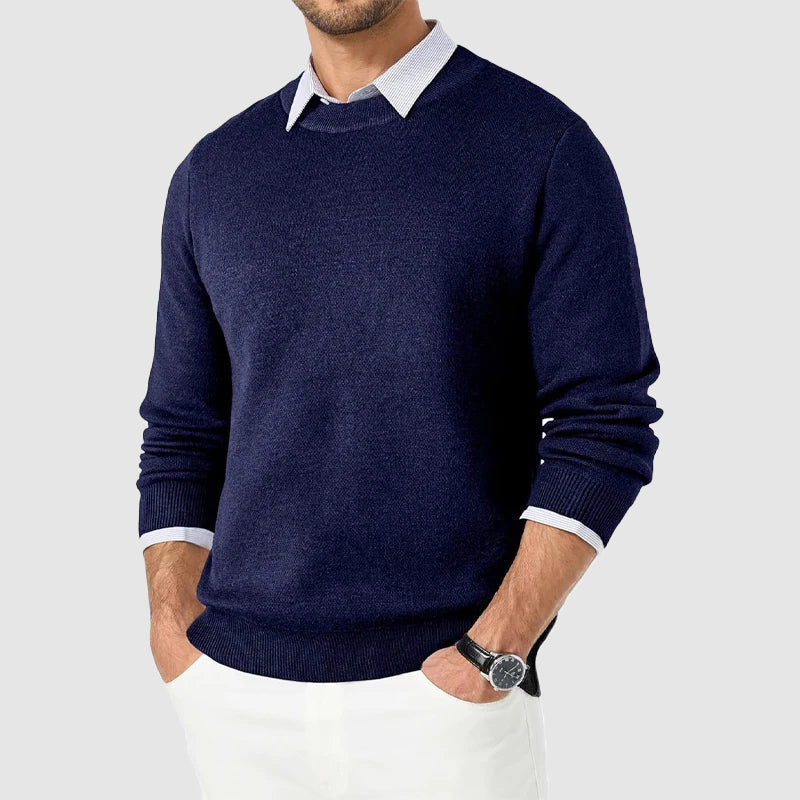 Men's regular fit crew neck knit sweater in neutral tone, smart casual layering essential with ribbed cuffs