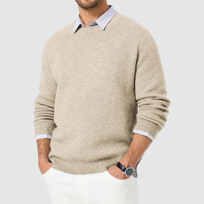 Men's regular fit crew neck knit sweater in neutral tone, smart casual layering essential with ribbed cuffs