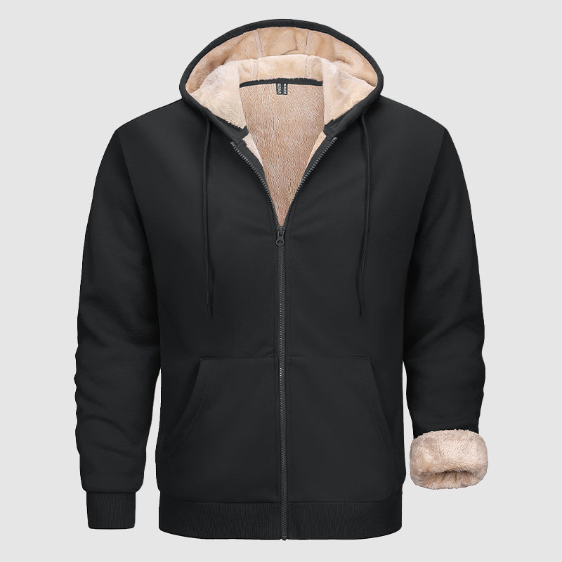 Men's olive zip hoodie with sherpa lining, multi-pocket design, and smooth cotton-poly shell for cold weather