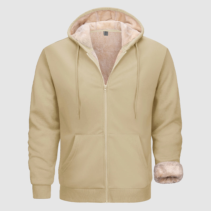Men's olive zip hoodie sherpa-lined fleece with multi-pocket design for cold weather warmth