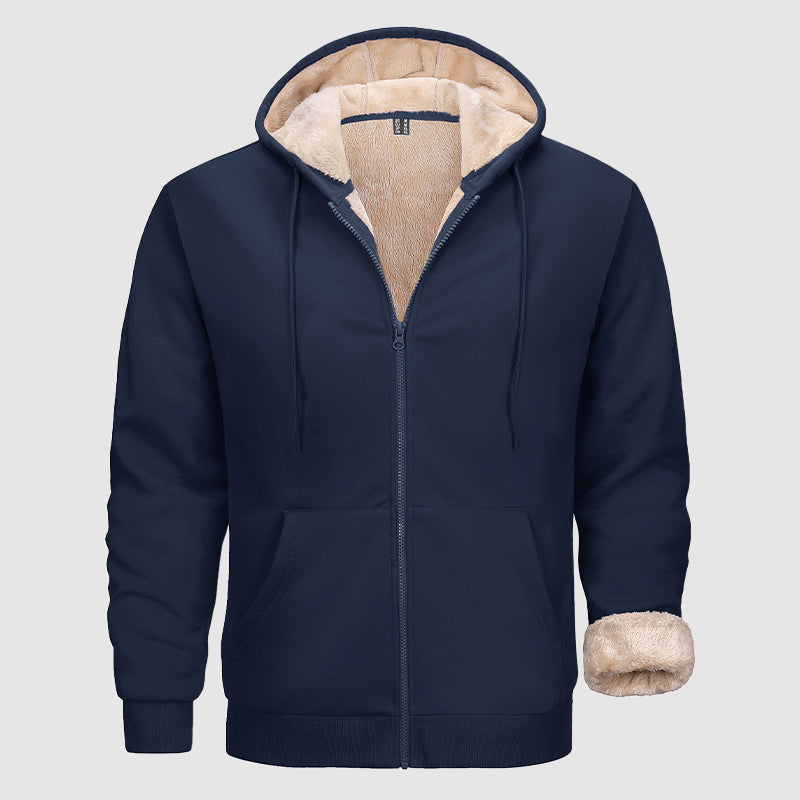 Men's olive zip hoodie with sherpa lining and multi-pocket design for cold weather warmth
