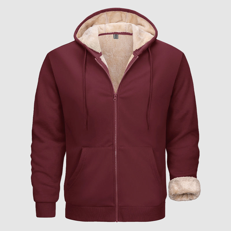 Men's olive zip hoodie with plush sherpa lining and multi-pocket design for cold weather warmth