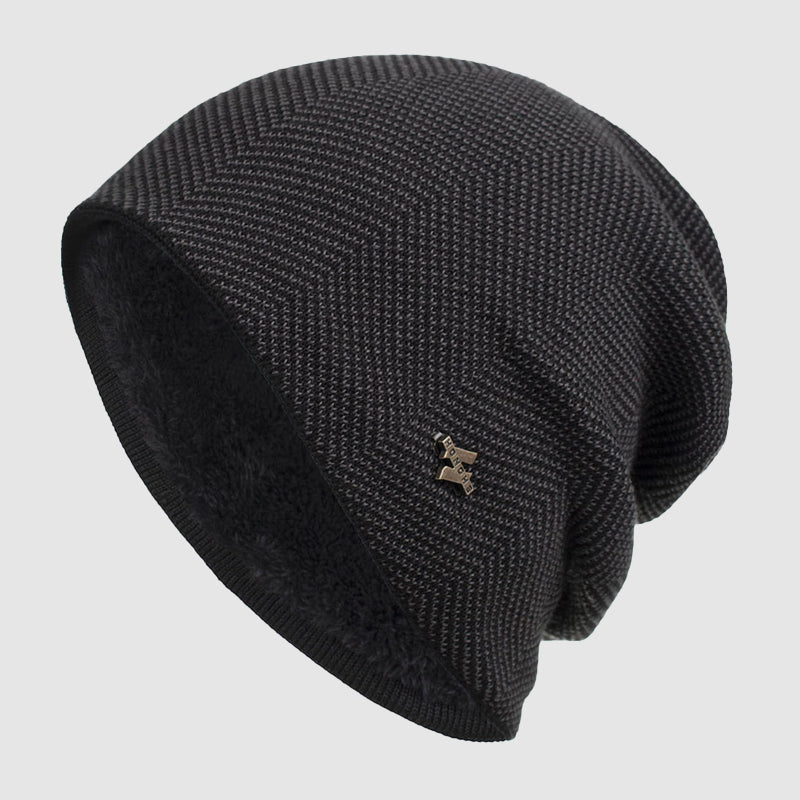 Men's gray fleece-lined textured knit slouch beanie winter hat with acrylic warmth