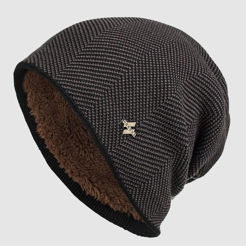 Men's black fleece-lined textured knit slouch beanie winter hat with acrylic warmth