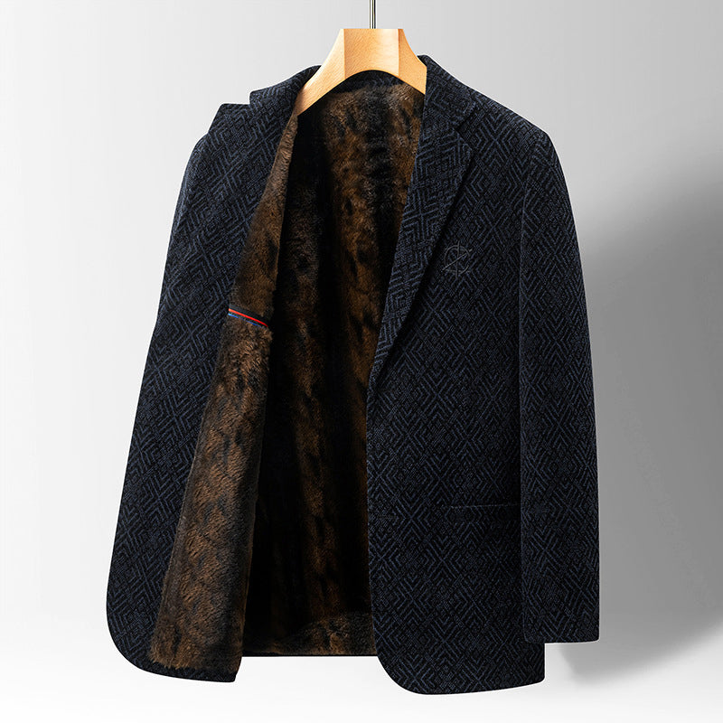 Men's textured geometric coat with faux fur lining, notch lapel tailored winter outerwear