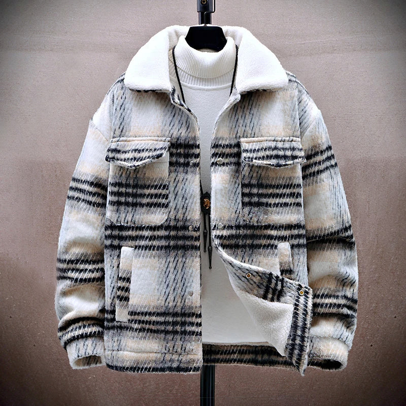 Men's winter plaid jacket with fleece lining and plush collar, stylish outdoor cold-weather coat