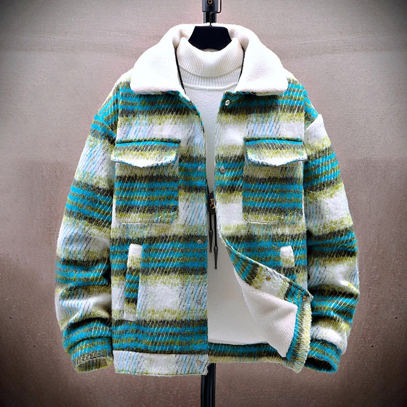 Men's winter plaid jacket with fleece lining and plush collar, warm outdoor style