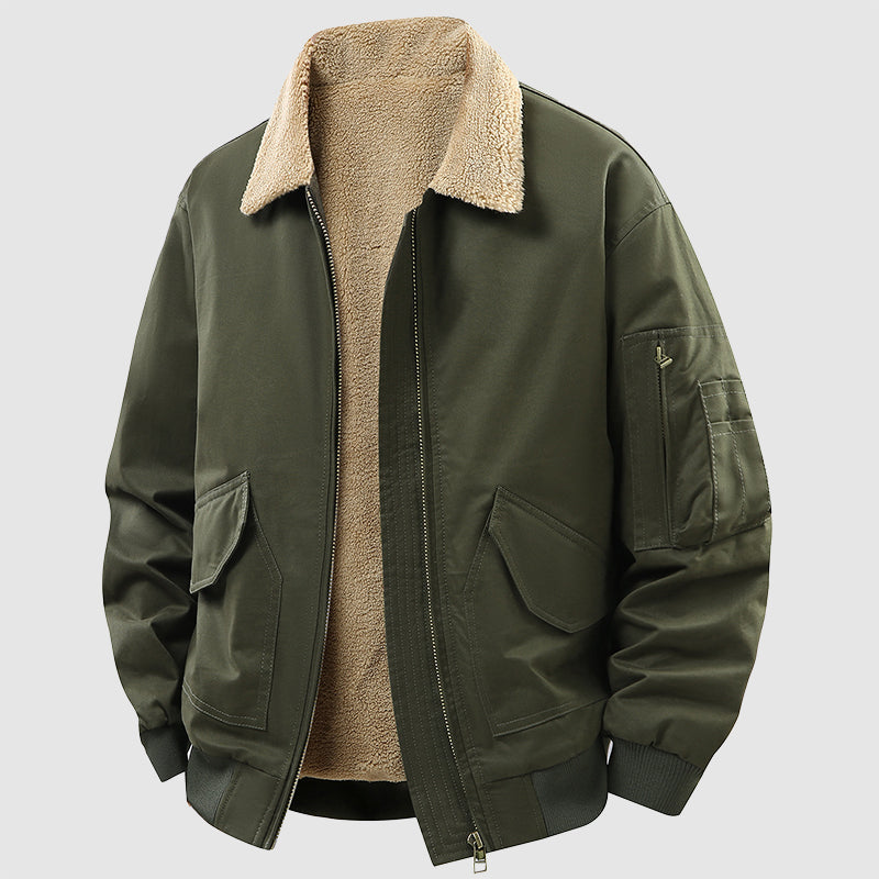Men's black thick cotton bomber jacket fleece lined warm winter outerwear casual streetwear style
