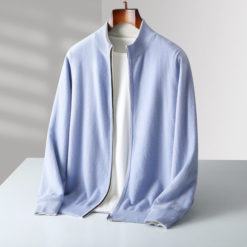 Men's wool zip-up cardigan with stand collar in casual layering style, full-length zipper detail
