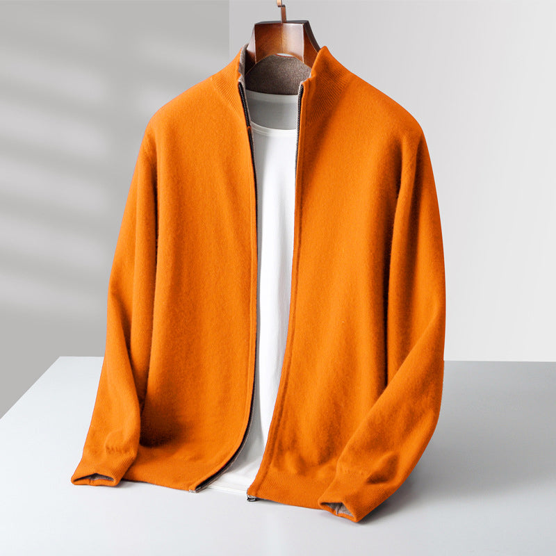 Men's wool zip-up cardigan with stand collar in classic neutral, slim-fit layering piece