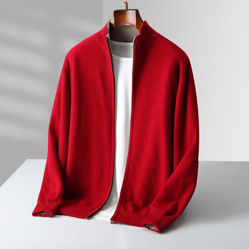 Men's wool zip-up cardigan stand collar full-length zipper casual layering piece in neutral tone