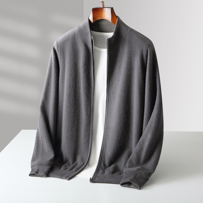 Men's wool zip-up cardigan with stand collar in casual style, full-length zipper, refined texture