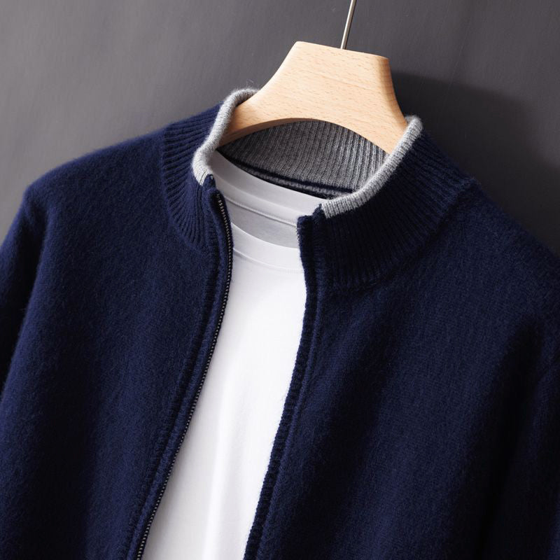 Men's zip-up cardigan stand collar contrast trim modern slim-fit layering knit neutral tones