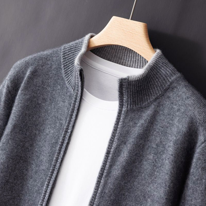 Men's zip-up cardigan stand collar contrast trim modern slim-fit layering knit neutral tones