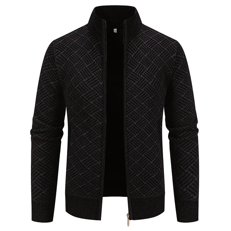 Men's wool-blend zip-up cardigan with stand collar, geometric pattern, and ribbed trim