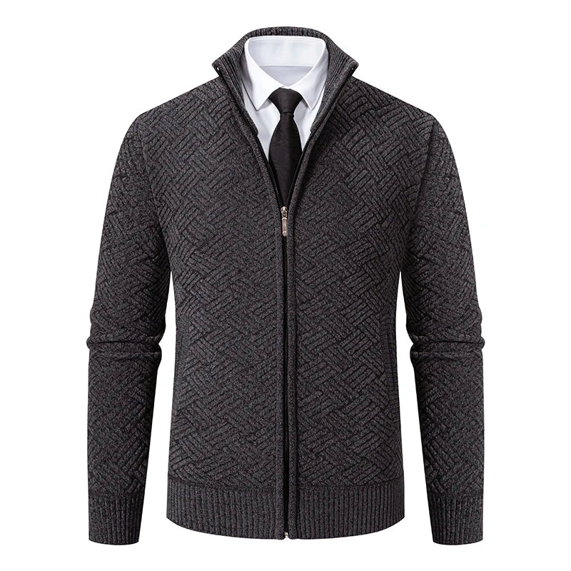 Men's wool-blend zip-up cardigan with stand collar, geometric pattern, and ribbed trim