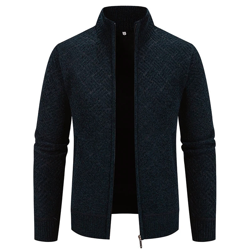 Men's wool-blend zip-up cardigan with stand collar, geometric pattern, and ribbed trim