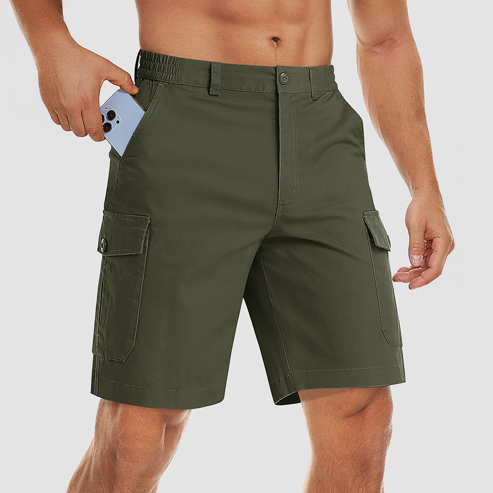 Men's khaki ripstop cargo shorts multi-pocket breathable stretch cotton outdoor workwear