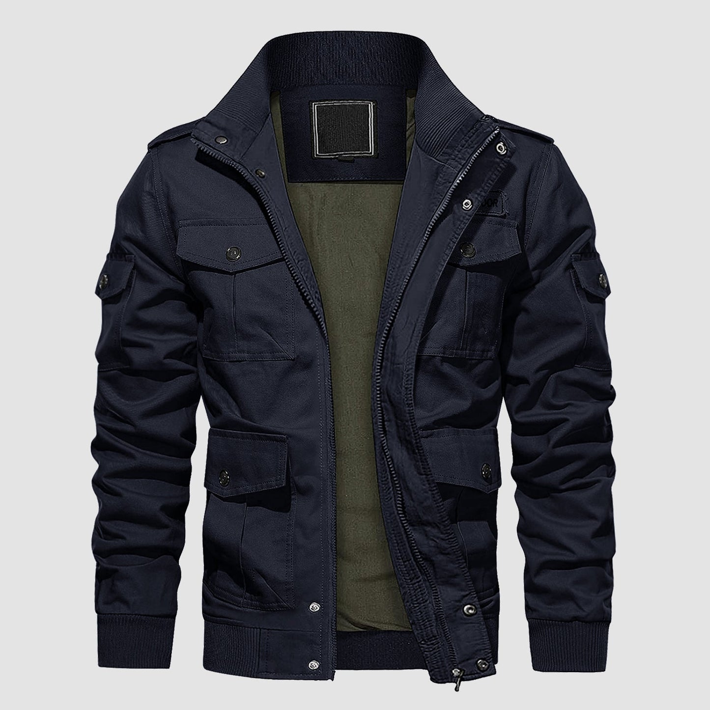Men's tactical cargo jacket black cotton stand collar urban style with 6 functional pockets