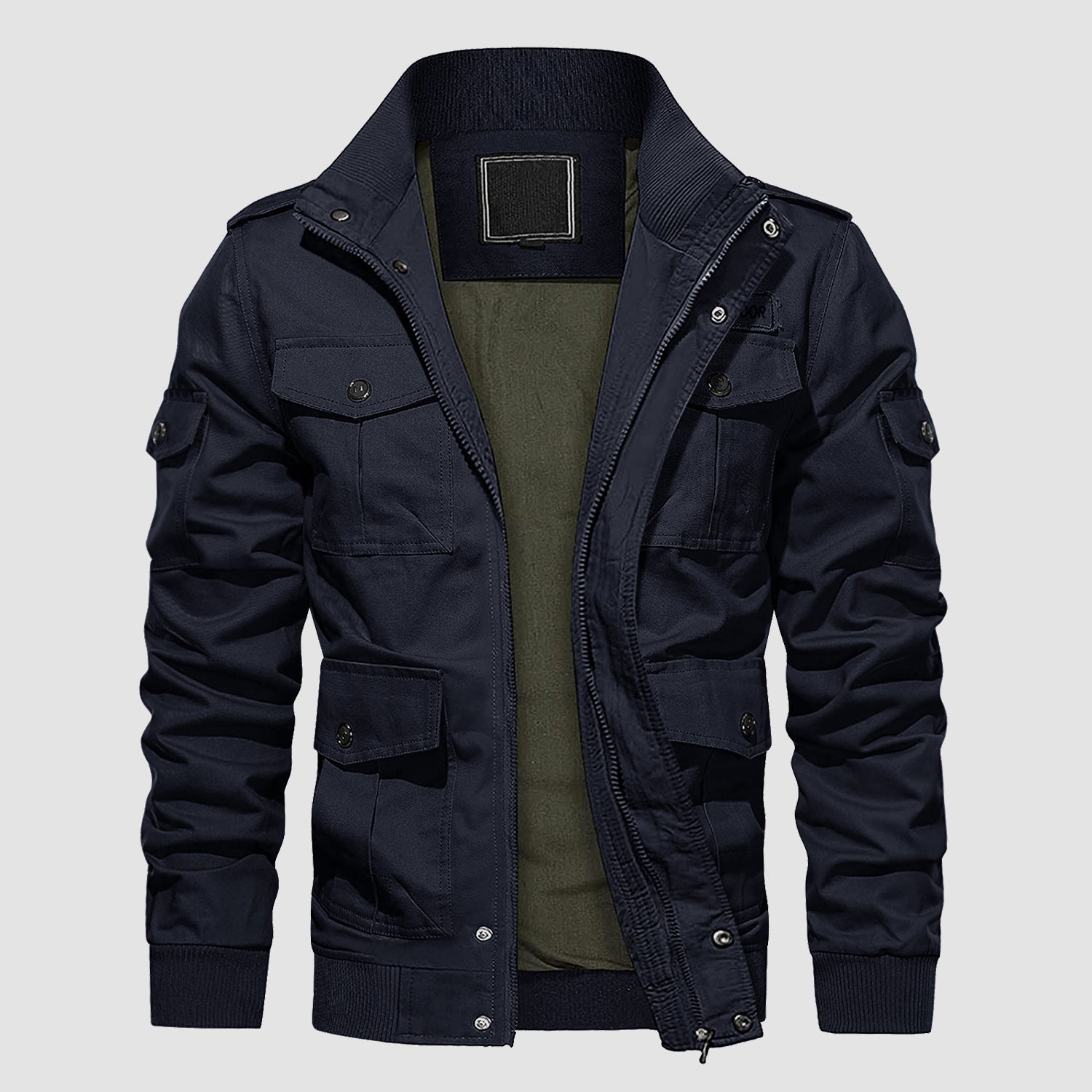 Men's tactical cargo jacket black cotton stand collar urban style with 6 functional pockets