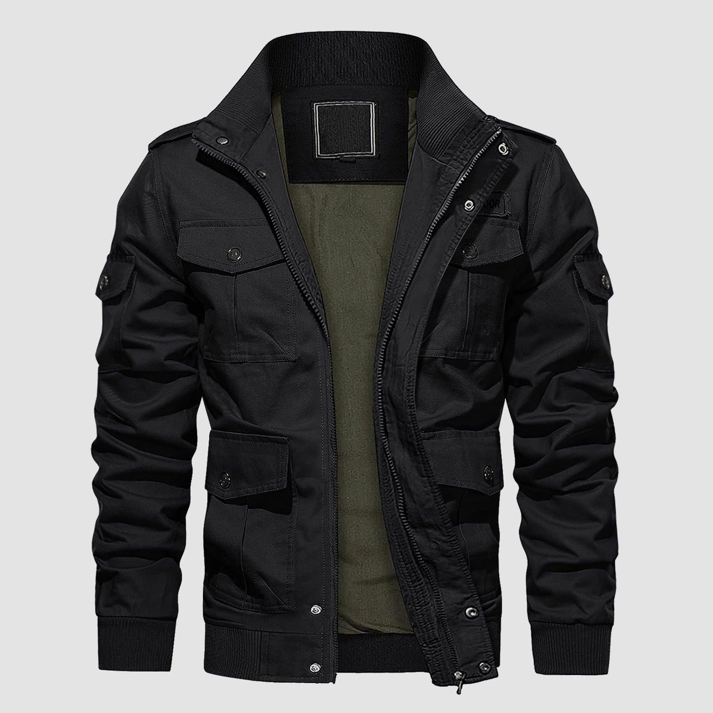 Men's tactical cargo jacket olive green stand collar cotton with 6 pockets urban streetwear style