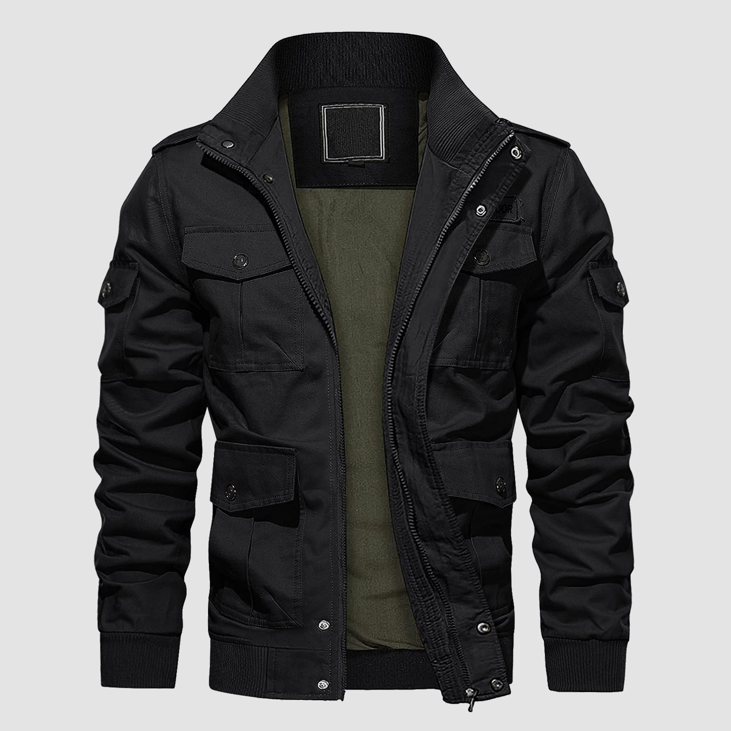 Men's tactical cargo jacket olive green stand collar cotton with 6 pockets urban streetwear style
