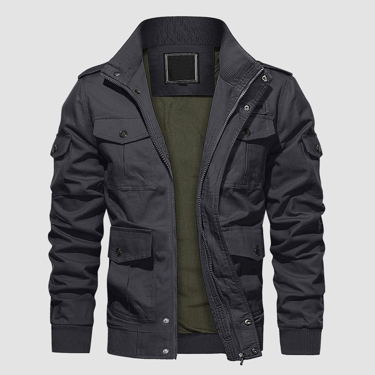 Men's tactical cargo jacket khaki cotton stand collar with 6 utility pockets urban streetwear
