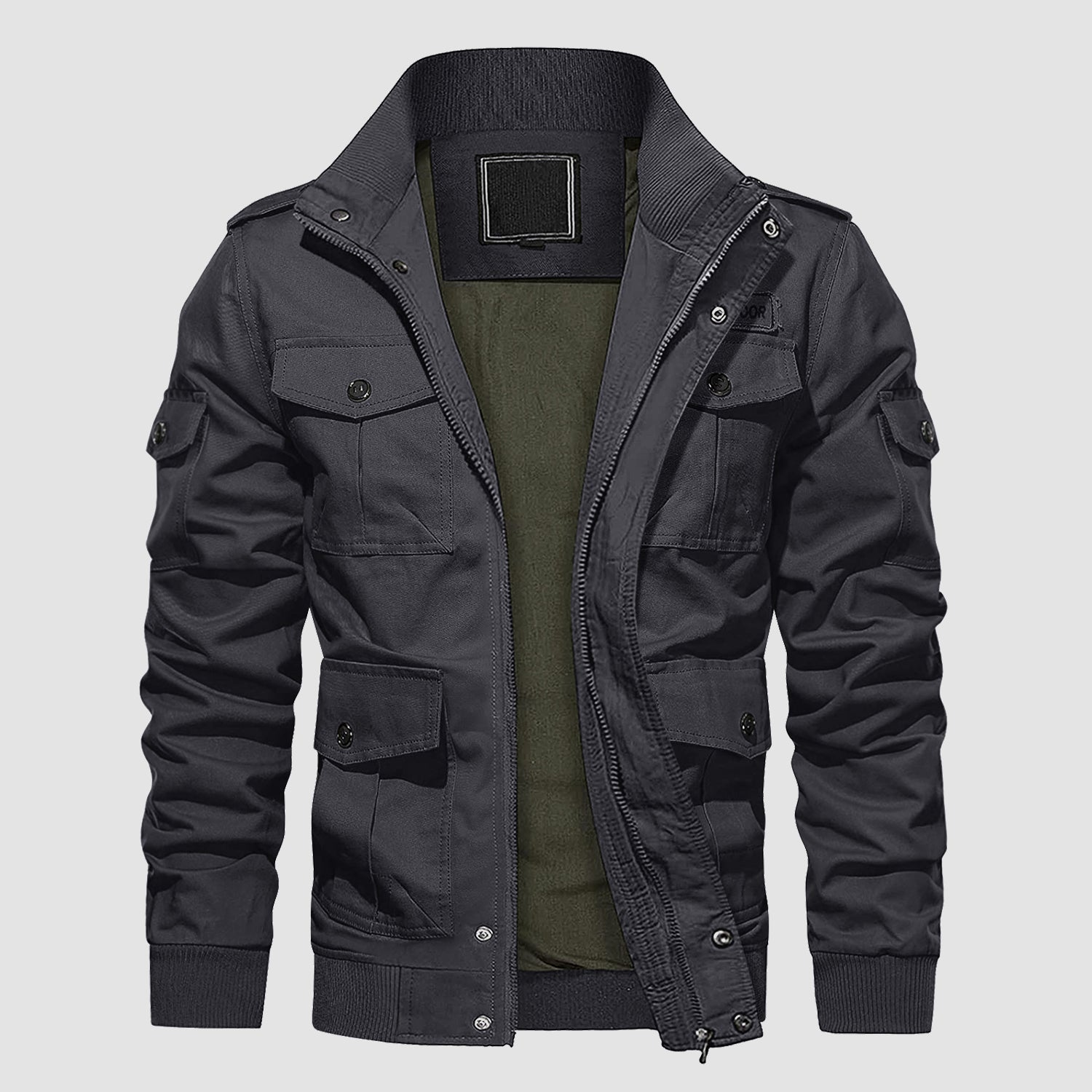 Men's tactical cargo jacket khaki cotton stand collar with 6 utility pockets urban streetwear