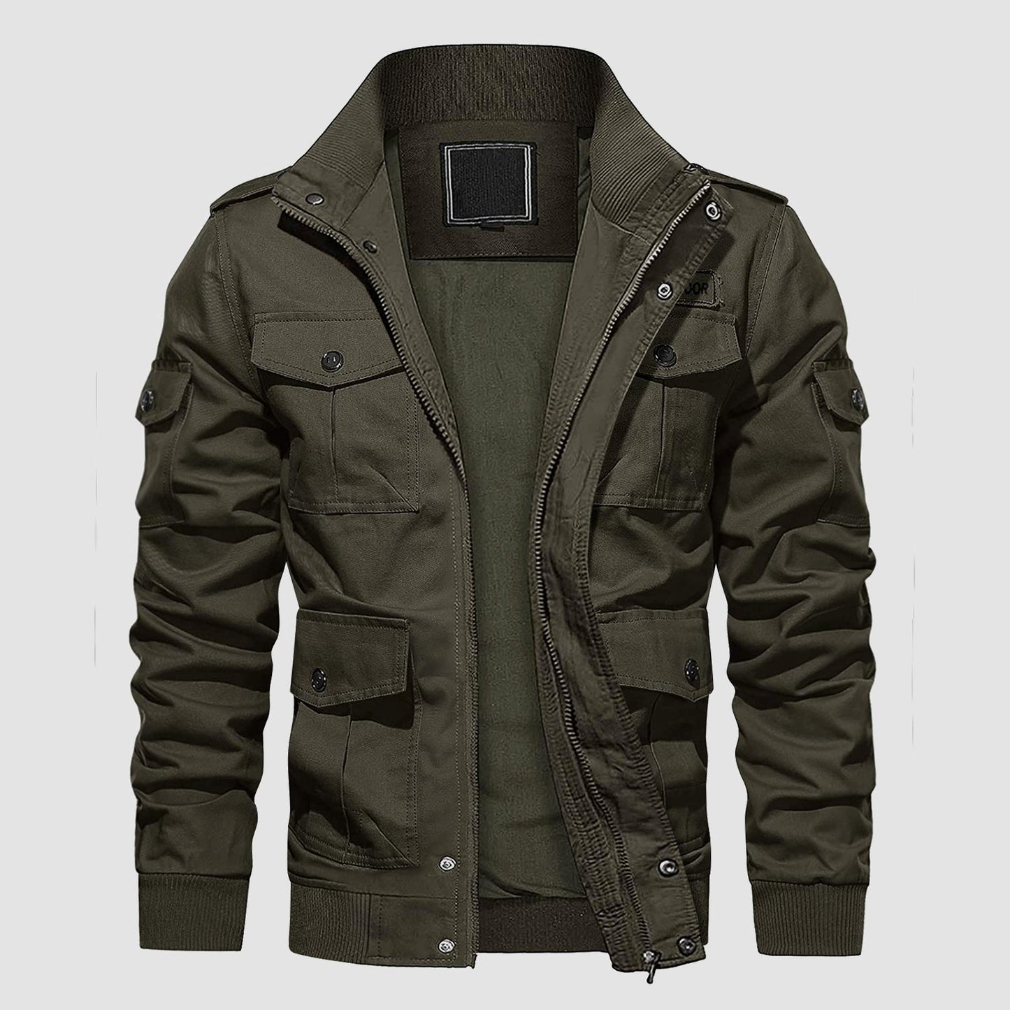 Men's tactical cargo jacket black cotton stand collar utility streetwear with 6 functional pockets