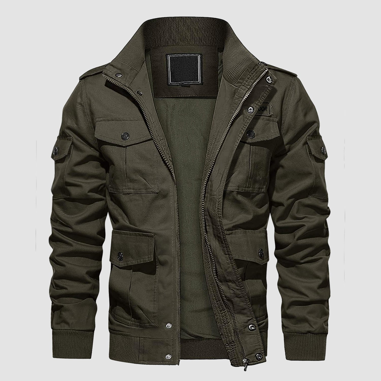 Men's tactical cargo jacket black cotton stand collar utility streetwear with 6 functional pockets