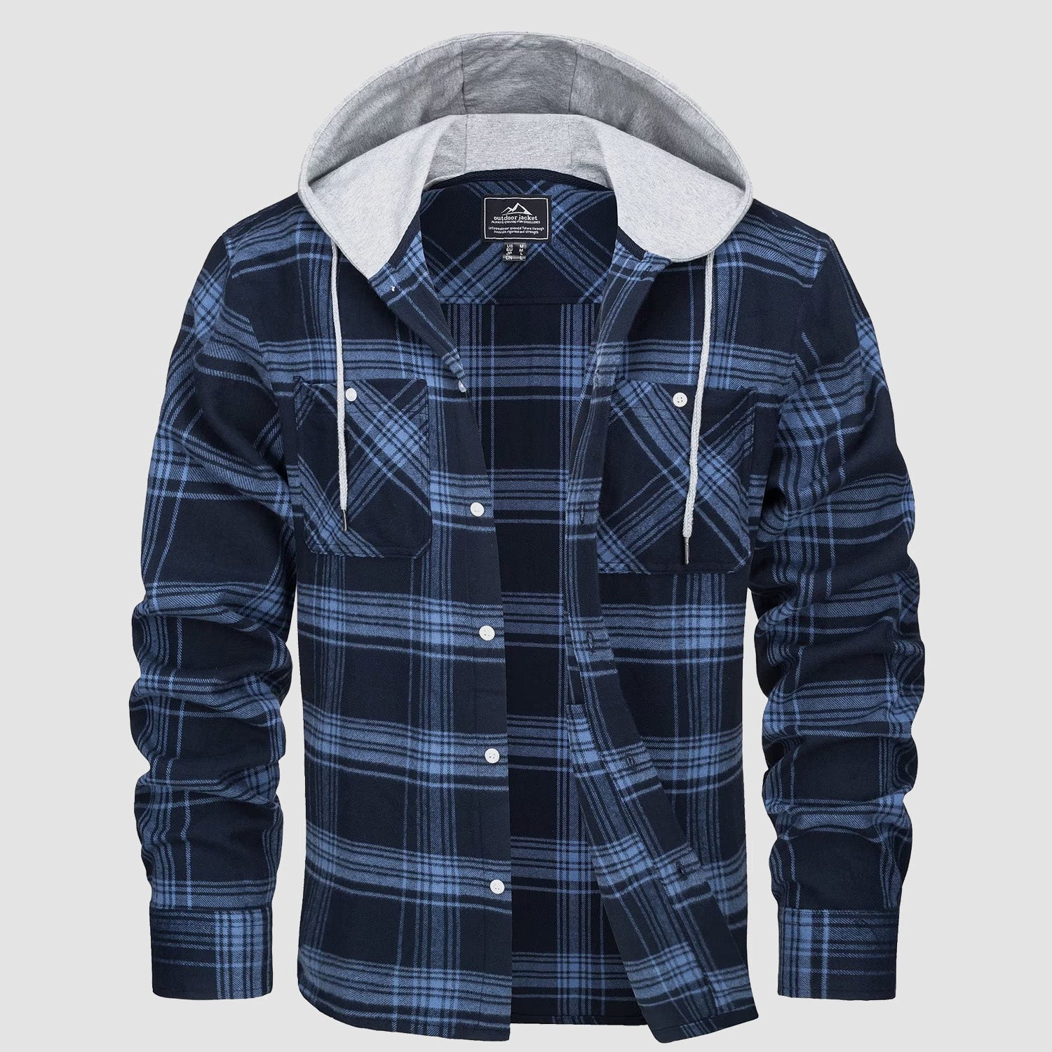 Men's plaid flannel hooded shirt jacket in cotton blend, relaxed fit with button closure
