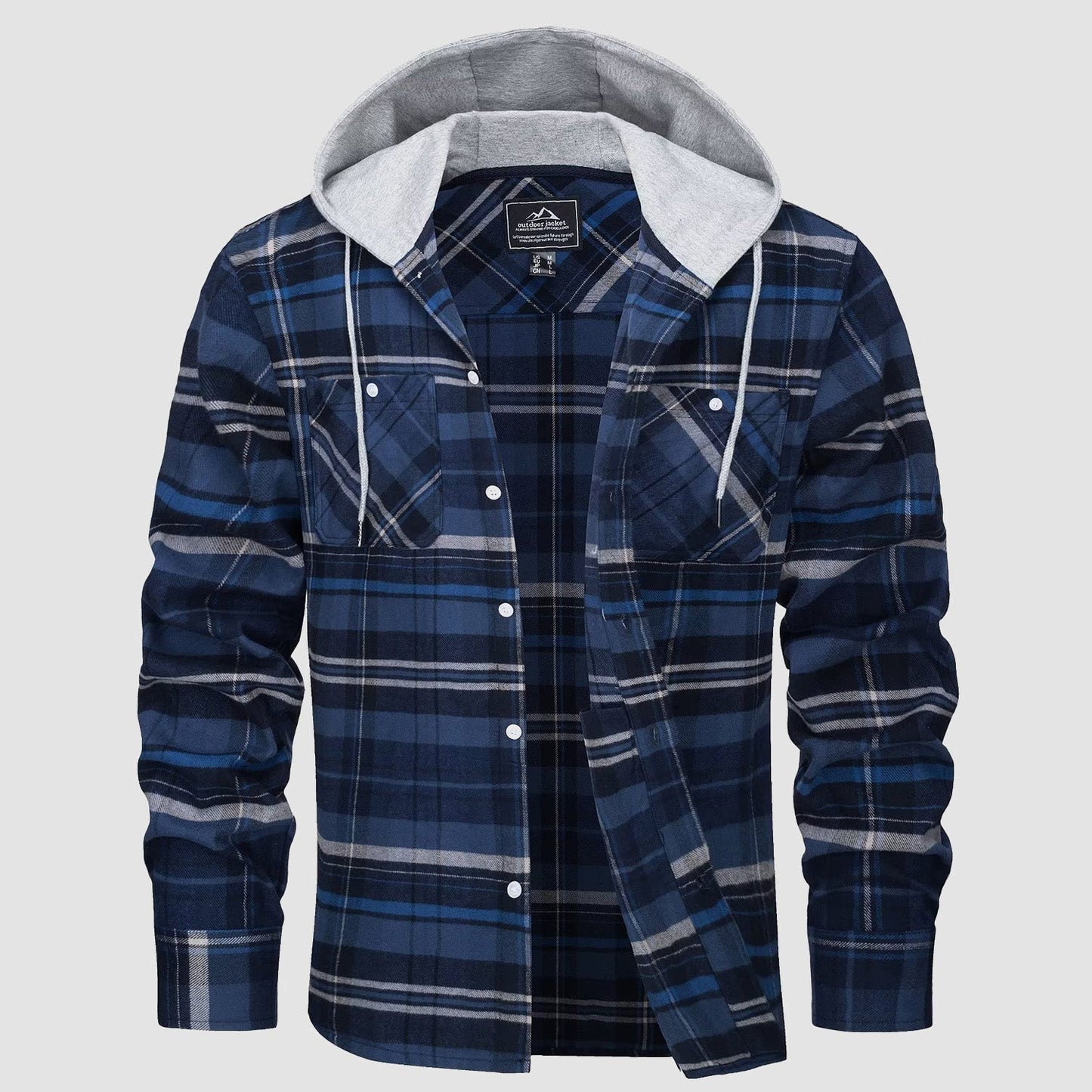 Men's plaid flannel hooded shirt jacket in cotton blend, relaxed fit with button closure