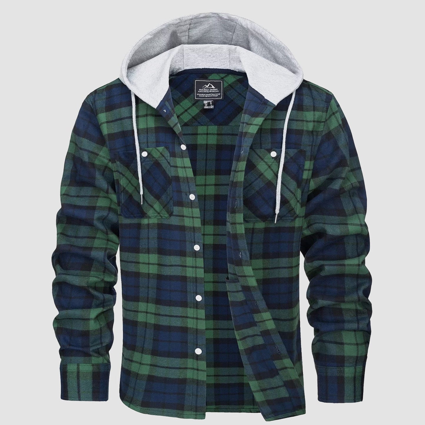 Men's plaid flannel hooded shirt jacket in cotton blend, relaxed fit with button closure