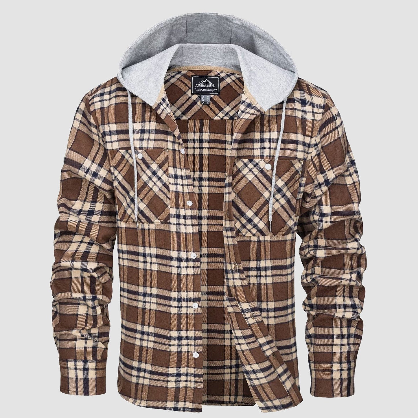 Men's hooded flannel shirt jacket in plaid with faux fur lining for windproof outdoor warmth