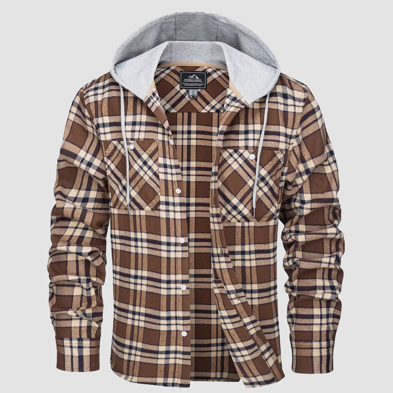 Men's plaid flannel hooded shirt jacket in cotton blend, relaxed fit with button closure