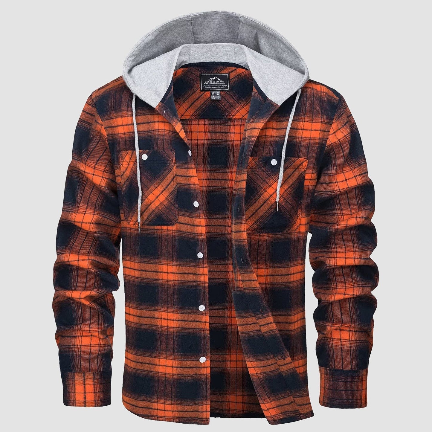 Men's plaid flannel hooded shirt jacket in cotton blend, relaxed layering fit with button closure